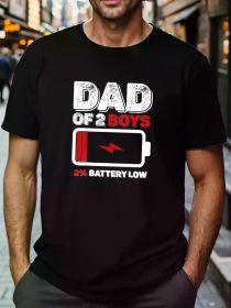 1pc Plus Size Men'S Cotton T-Shirt - "DAD of 2 BOYS" Geometric Battery Low Graphic, Casual Crew Neck, Short Sleeve, Knit Fabric (Color: Black, size: M)